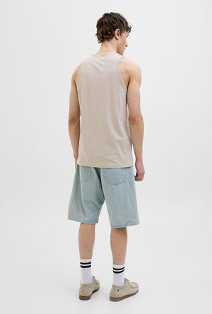 Back image of a model wearing the Jack and jones hawaii pocket tanktop in beige, by brand Jack&jones