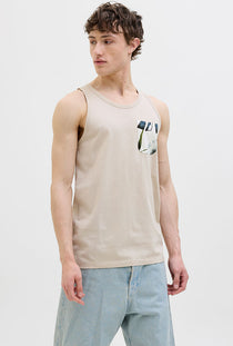 Front image of a model wearing the Jack and jones hawaii pocket tanktop in beige, by brand Jack&jones