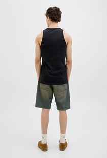 Back image of a model wearing the Jack and jones hawaii pocket tanktop in black, by brand Jack&jones
