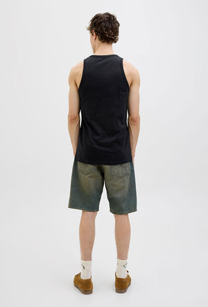 Back image of a model wearing the Jack and jones hawaii pocket tanktop in black, by brand Jack&jones