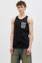 Front image of a model wearing Jack and jones hawaii pocket tanktop in black, by brand Jack&jones