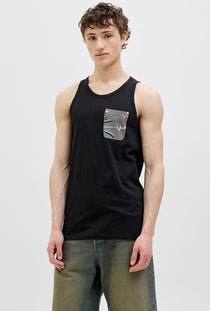 Front image of a model wearing the Jack and jones hawaii pocket tanktop in black, by brand Jack&jones