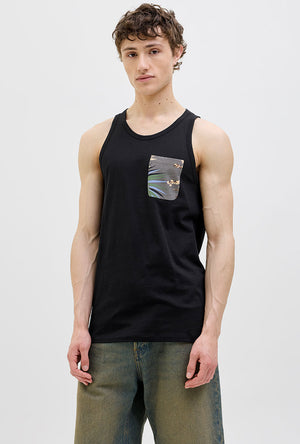Front image of a model wearing the Jack and jones hawaii pocket tanktop in black, by brand Jack&jones