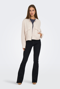 Front image of a model wearing the Jdy karin linen mix short jacket in oat, by brand Jacqueline de yong