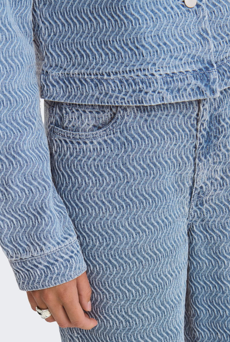 Detail image of a model wearing Jdy nico structure hw wide jeans in blue, by brand Jacqueline de yong