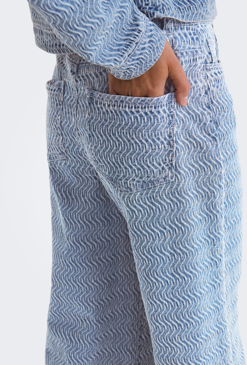 Detail image of a model wearing Jdy nico structure hw wide jeans in blue, by brand Jacqueline de yong