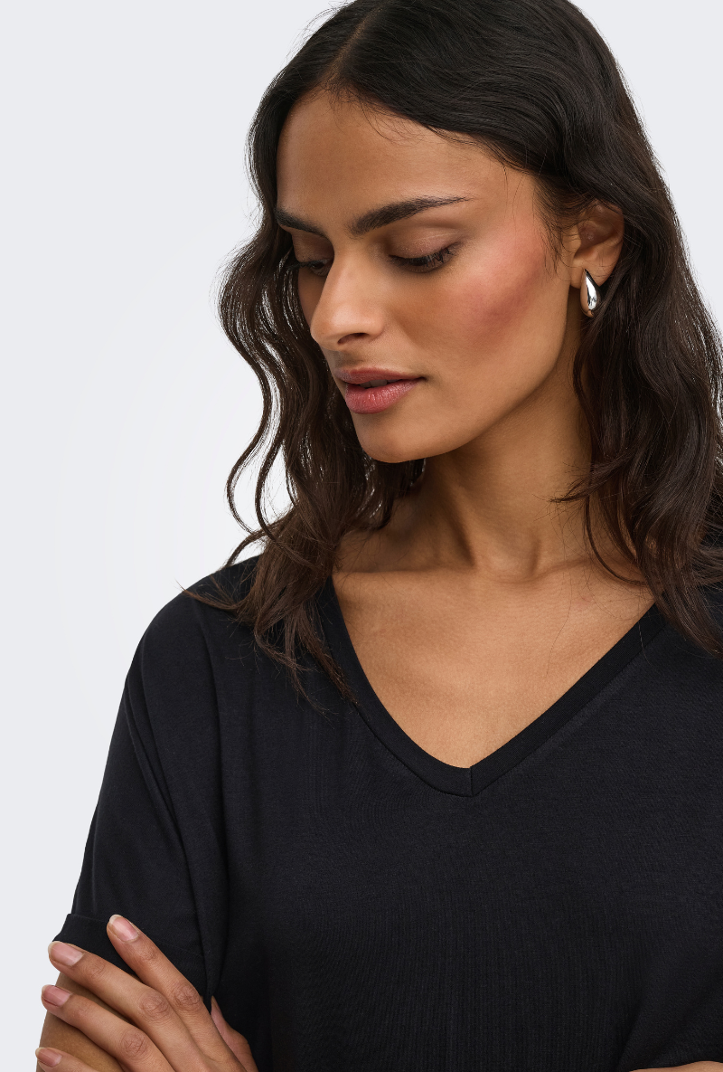 Detail image of a model wearing Jdy sissy s/s vneck top in black, by brand Jacqueline de yong