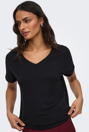Front image of a model wearing the Jdy sissy s/s vneck top in black, by brand Jacqueline de yong