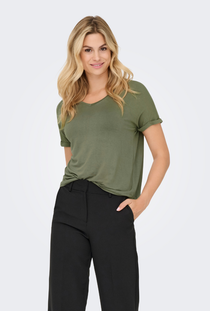 Front image of a model wearing the Jdy sissy s/s vneck top in khaki, by brand Jacqueline de yong