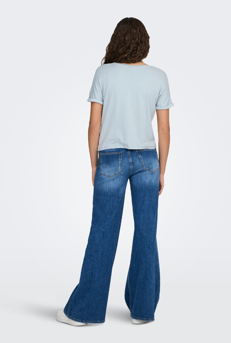 Back image of a model wearing Jdy sissy s/s vneck top in light blue, by brand Jacqueline de yong