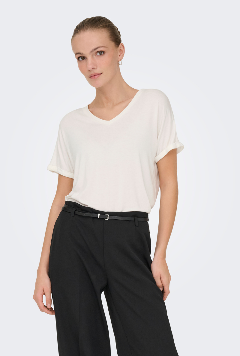 Front image of a model wearing Jdy sissy s/s vneck top in off white, by brand Jacqueline de yong