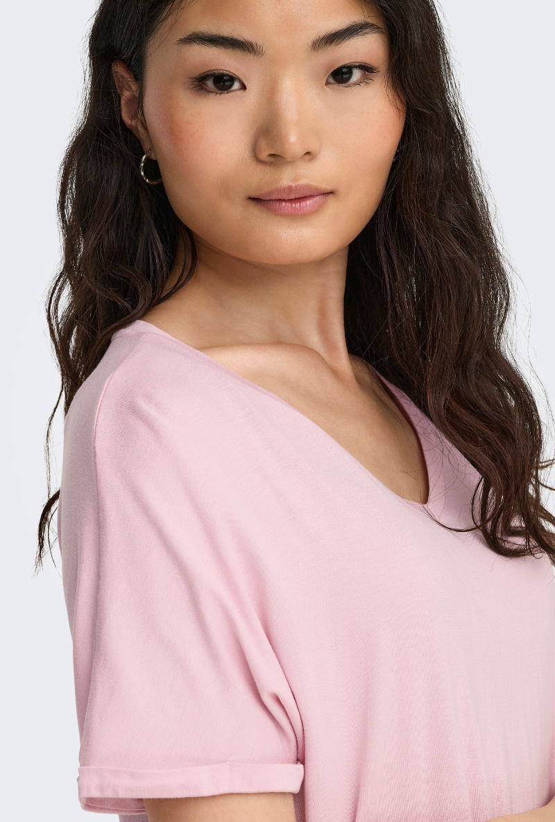 Detail image of a model wearing Jdy sissy s/s vneck top in pink, by brand Jacqueline de yong
