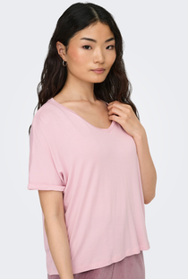 Front image of a model wearing the Jdy sissy s/s vneck top in pink, by brand Jacqueline de yong