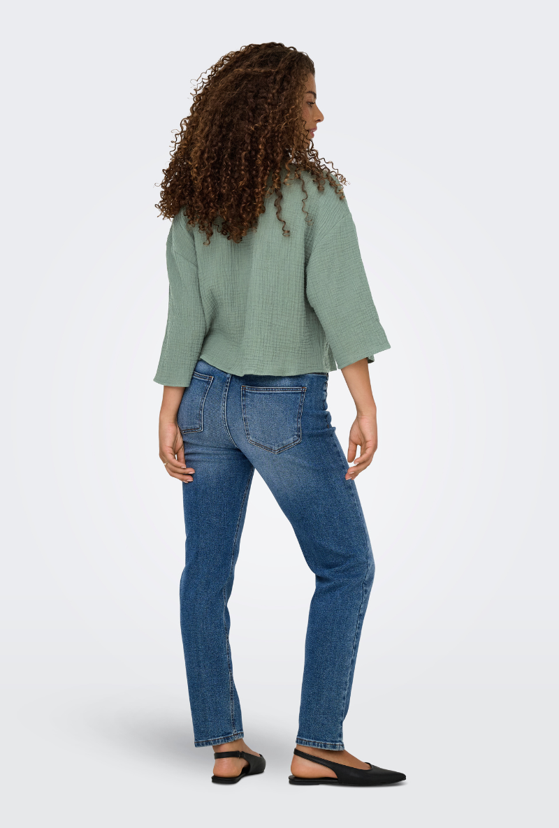 Back image of a model wearing Jdy theis life 3/4 crop shirt in sage, by brand Jacqueline de yong