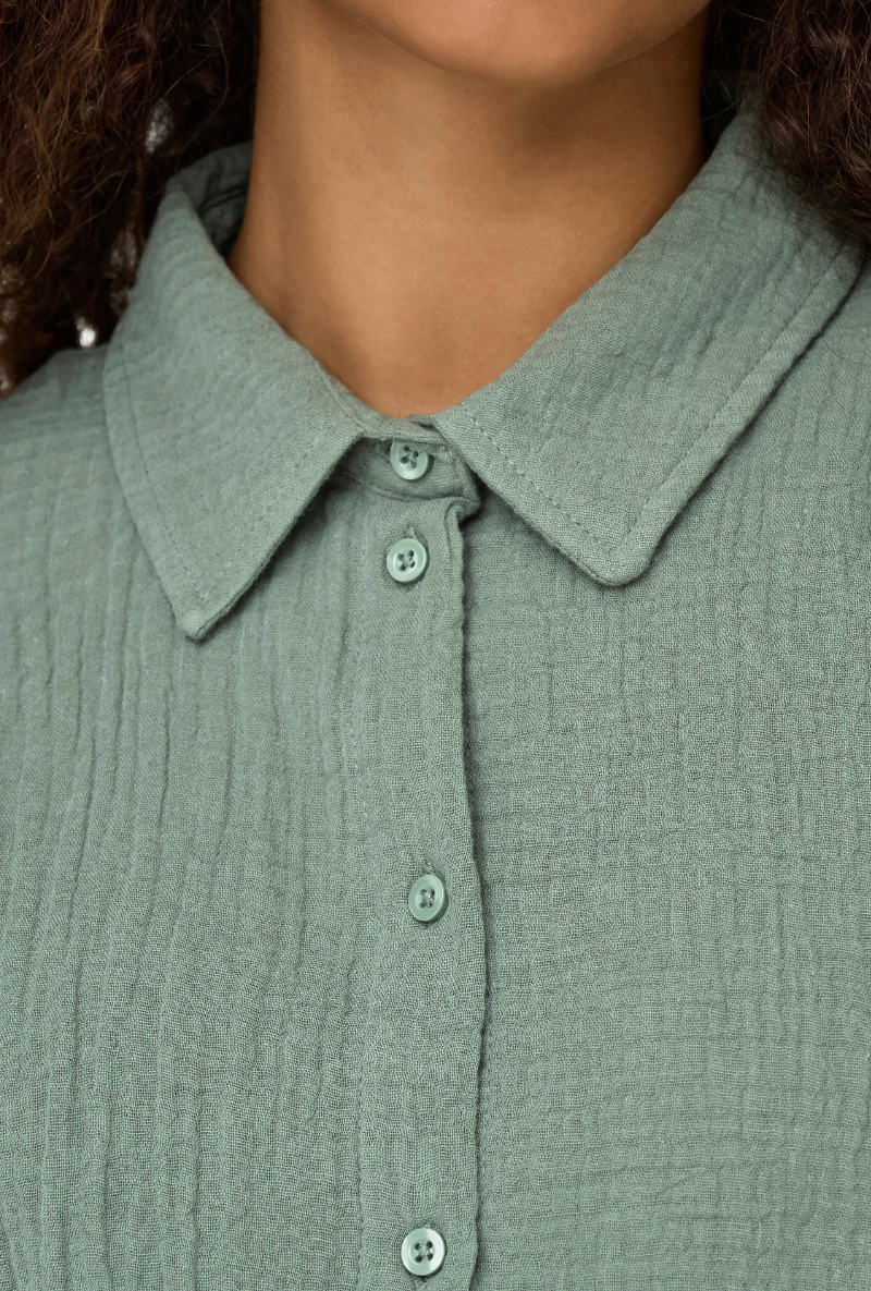 Detail image  of Jdy theis life 3/4 crop shirt in sage, by brand Jacqueline de yong