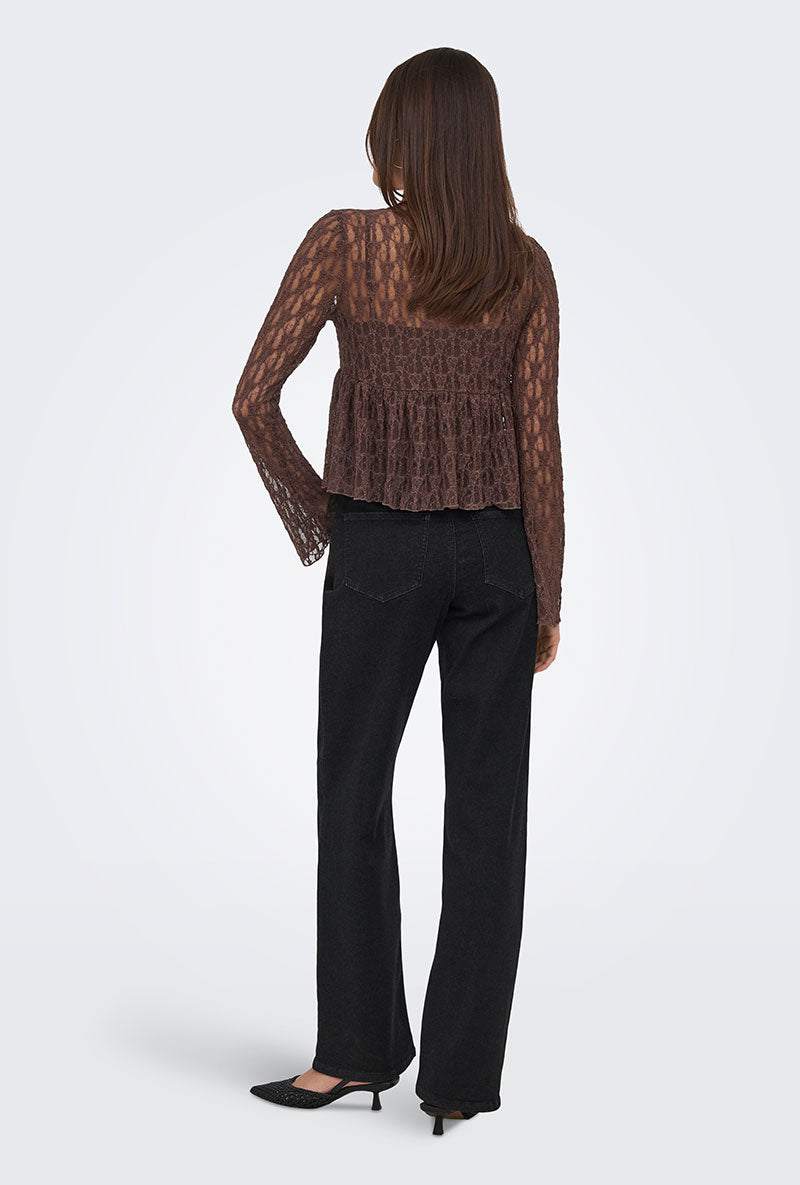 Back image of a model wearing Laya lace cardigan in brown, by brand Only