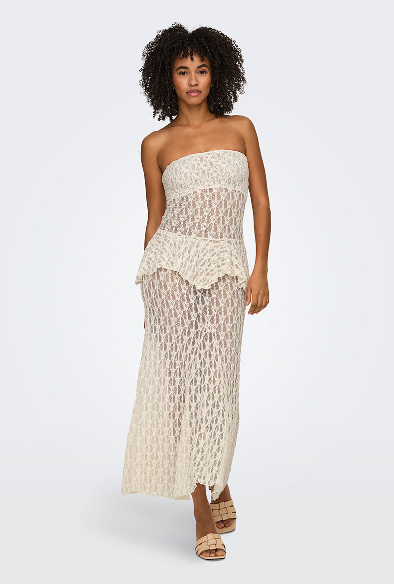 Front image of a model wearing Laya lace long skirt in cream, by brand Only