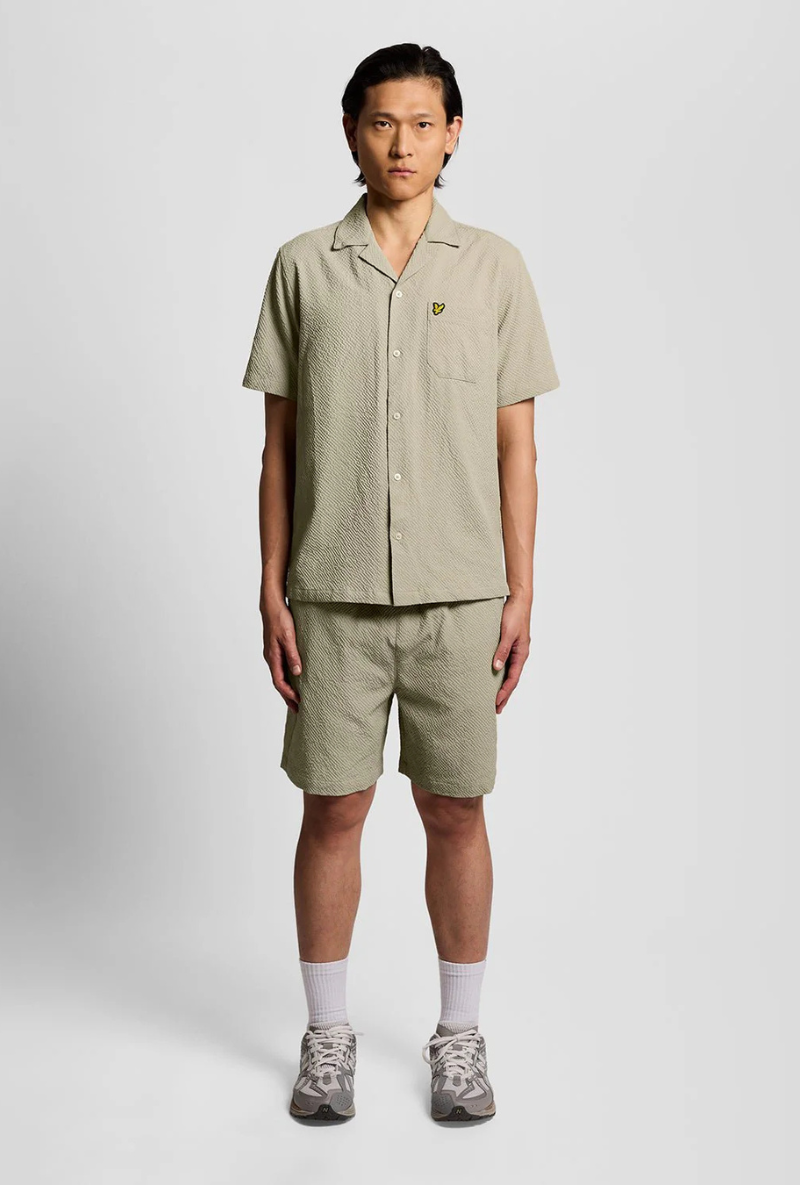 Front image of Crinkle resort shirt in stone, by brand Lyle and scott
