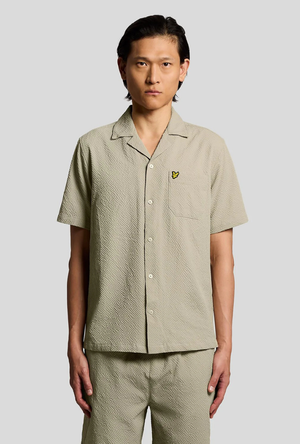 Front image of the Crinkle resort shirt in stone, by brand Lyle and scott