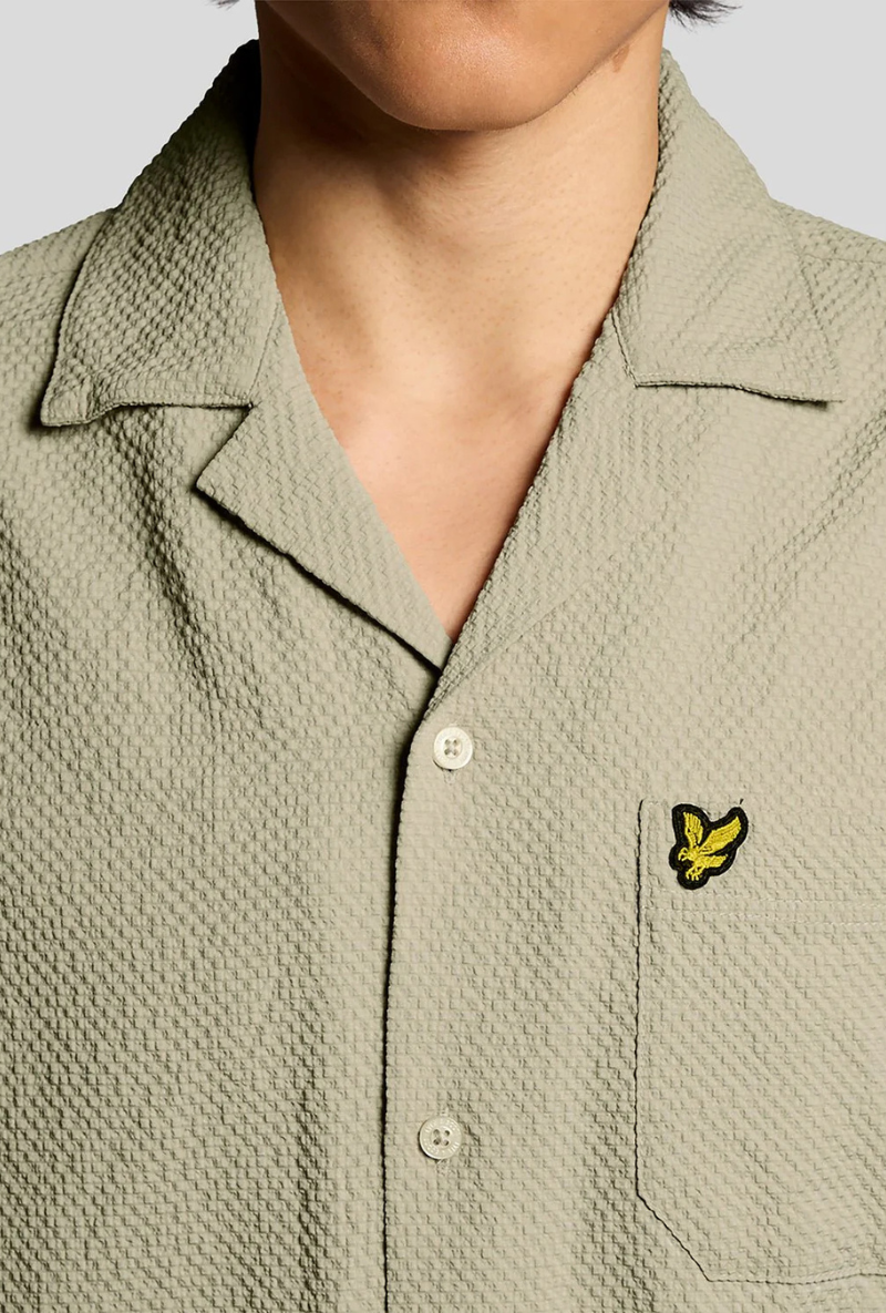 Front image of Crinkle resort shirt in stone, by brand Lyle and scott