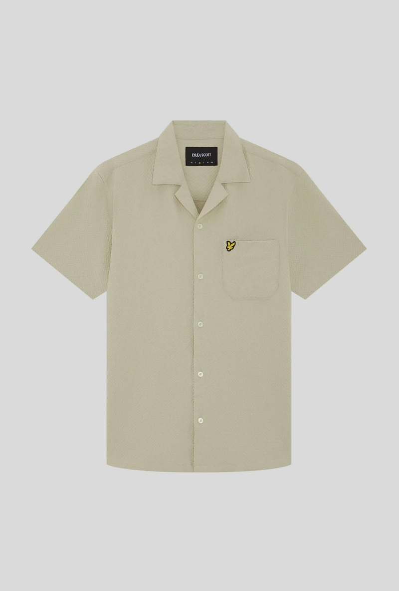Front image of Crinkle resort shirt in stone, by brand Lyle and scott