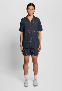 Front image of the Goldfish print swimshorts in navy, by brand Lyle and scott