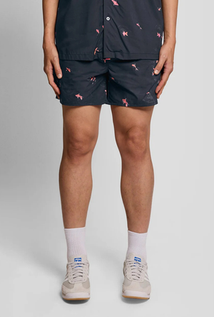 Front image of the Goldfish print swimshorts in navy, by brand Lyle and scott
