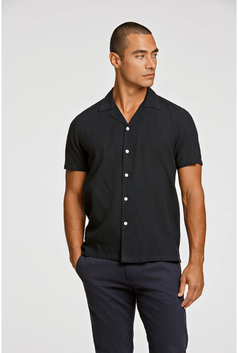 Front image of a model wearing Casual linen blend resort shirt in black, by brand Lindbergh