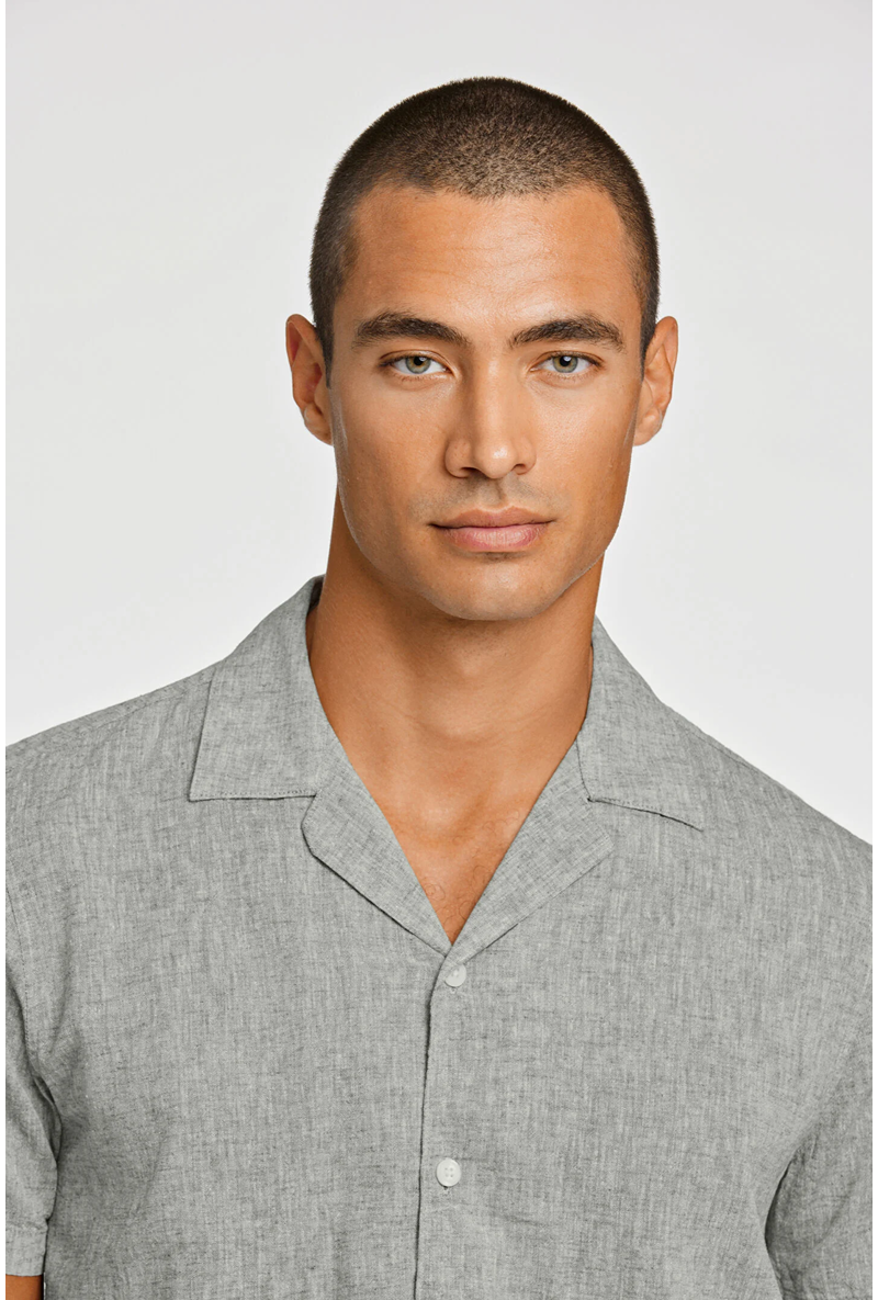 Front image of a model wearing Casual linen blend resort shirt in khaki, by brand Lindbergh