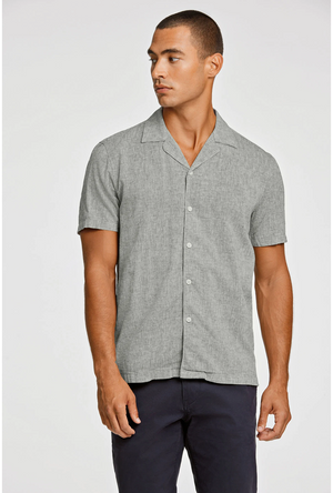 Front image of a model wearing the Casual linen blend resort shirt in khaki, by brand Lindbergh