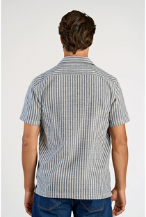 Back image of a model wearing the Cotton structure s/s shirt in grey, by brand Lindbergh