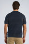 Back image of a model wearing the Crochet s/s shirt in navy, by brand Lindbergh