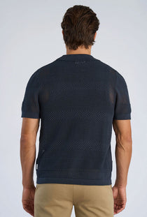 Back image of a model wearing the Crochet s/s shirt in navy, by brand Lindbergh