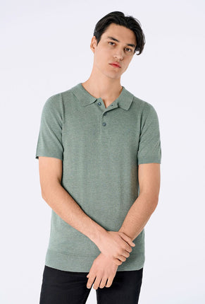 Front image of a model wearing Ecovero s/s knit polo in light green, by brand Lindbergh
