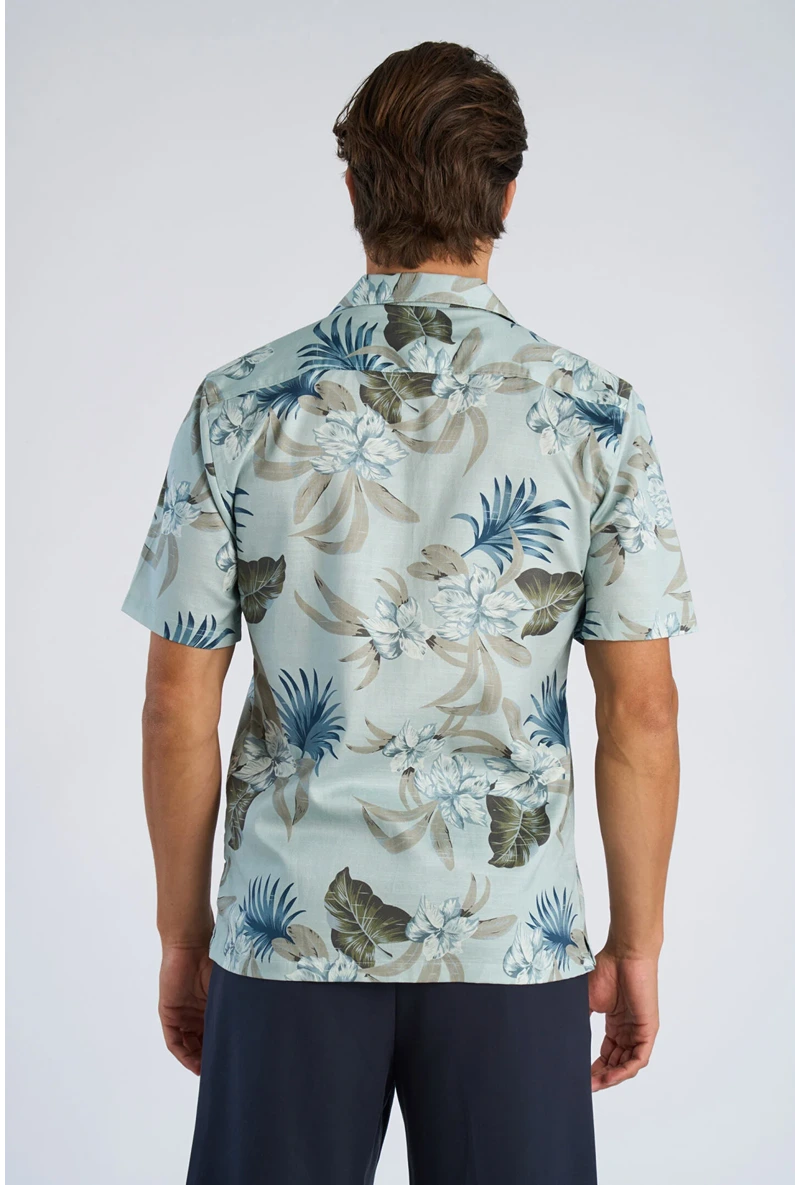 Back image of a model wearing Floral lyocell blend shirt in aqua, by brand Lindbergh