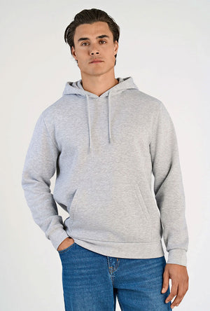 Front image of a model wearing the Lindbergh hoodie in grey, by brand Lindbergh