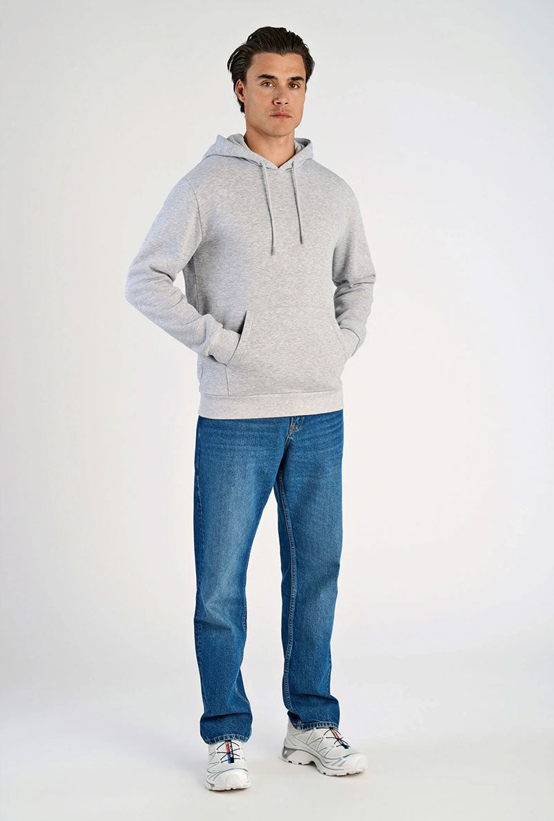 Front image of a model wearing Lindbergh hoodie in grey, by brand Lindbergh