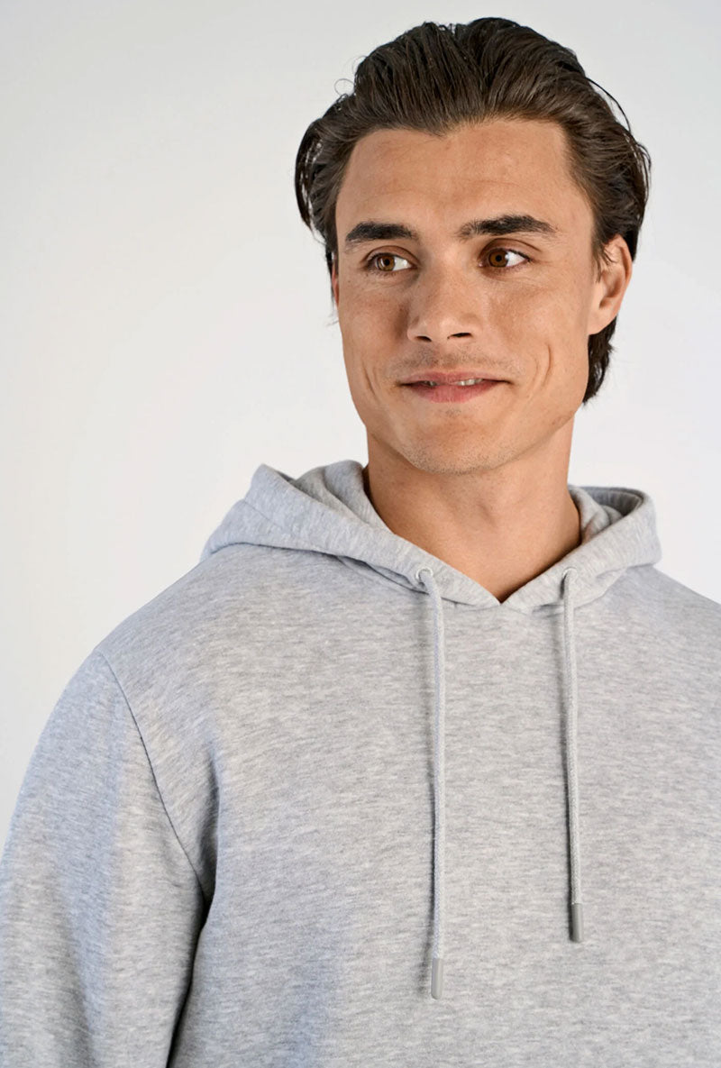 Front image of a model wearing Lindbergh hoodie in grey, by brand Lindbergh