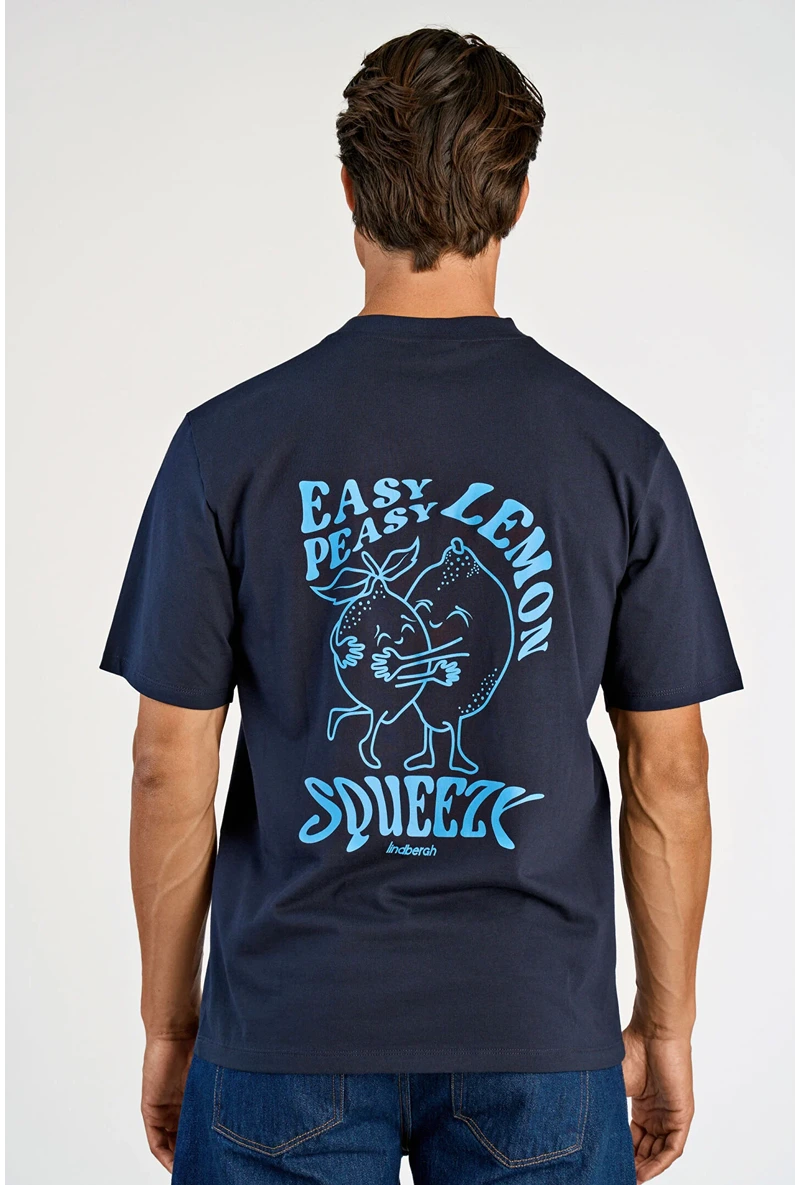 Back image of a model wearing Lemon squeezy oversize t in navy, by brand Lindbergh