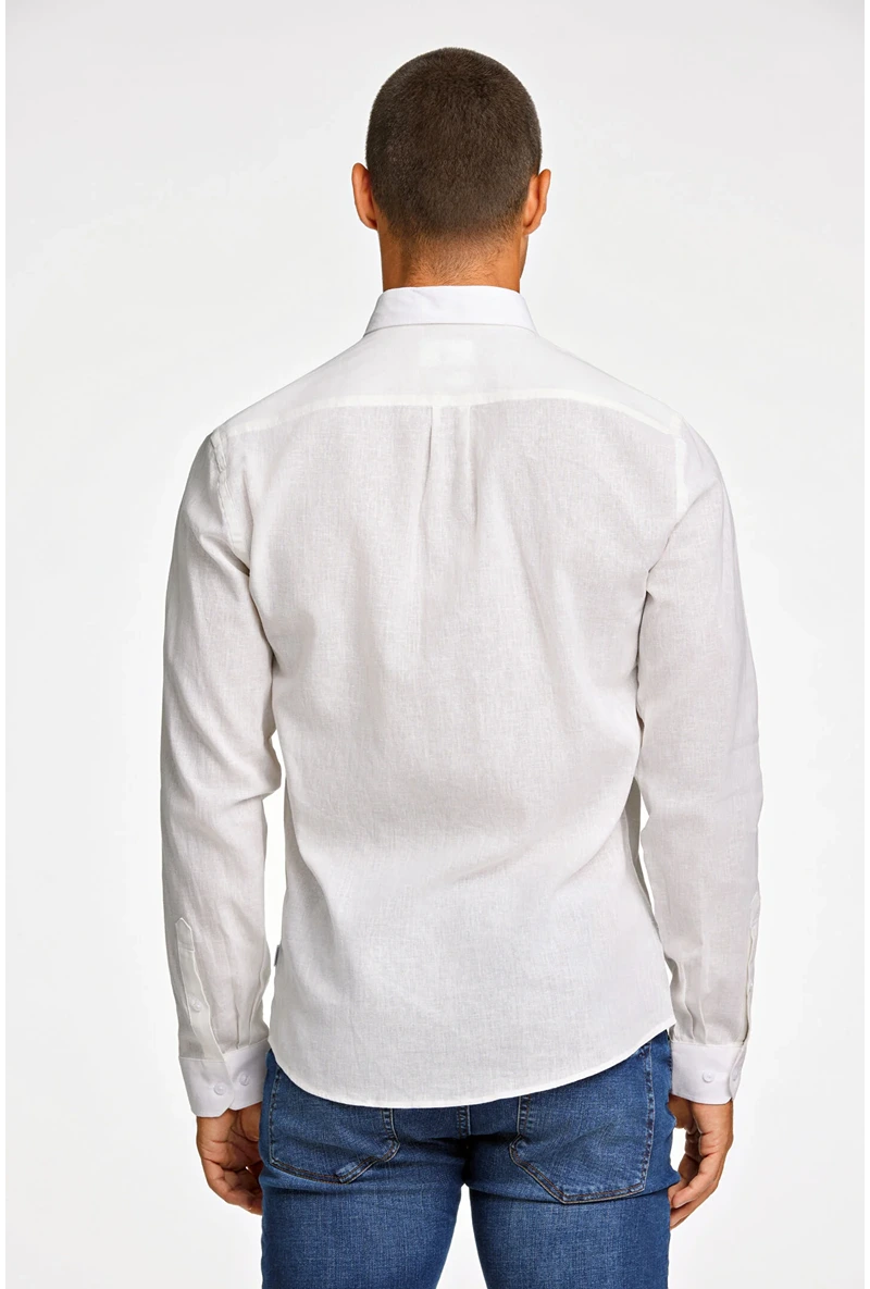 Back image of a model wearing Linen/cotton ls shirt in white, by brand Lindbergh