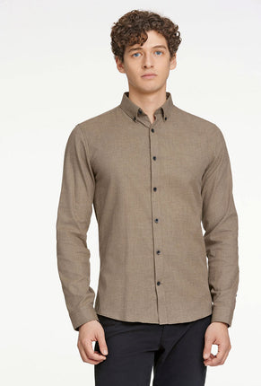 Front image of a model wearing Lindbergh mouline stretch l/s shirt in brown, by brand Lindbergh