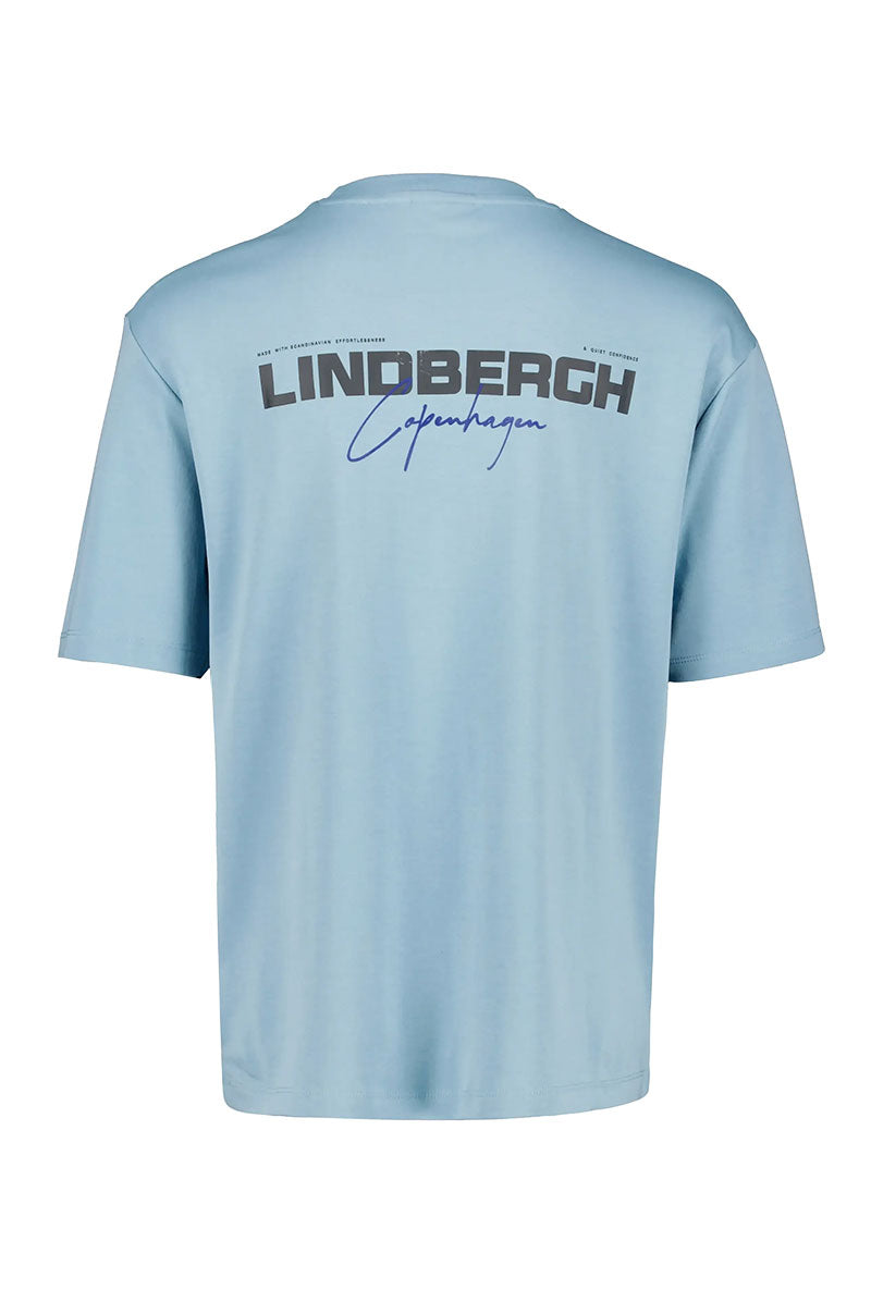 Back image of O neck logo oversized tshirt in teal, by brand Lindbergh