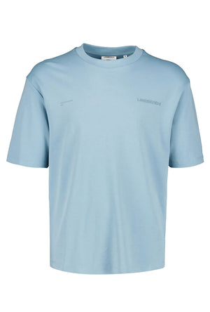 Front image of the O neck logo oversized tshirt in teal, by brand Lindbergh