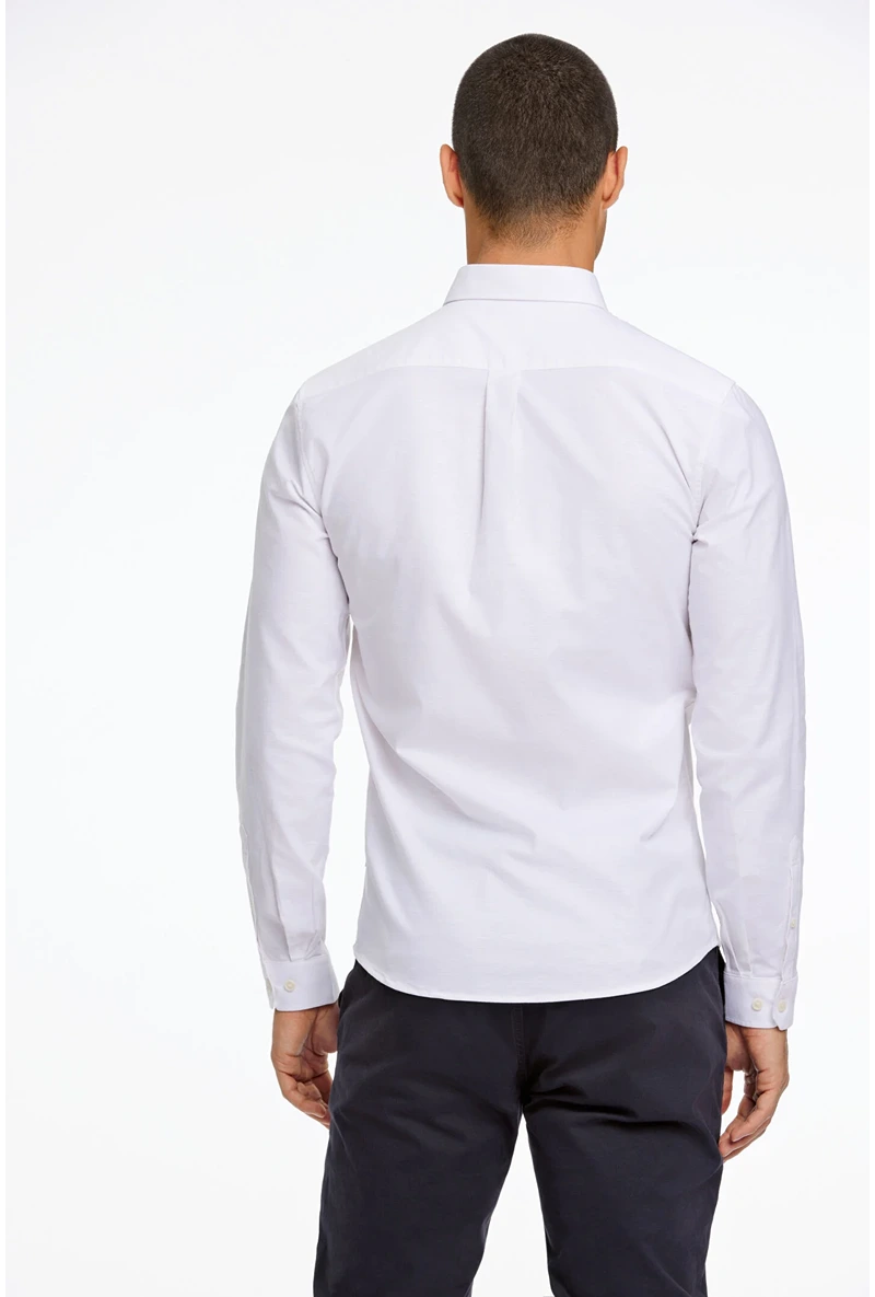 Back image of a model wearing Oxford superflex l/s shirt in white, by brand Lindbergh