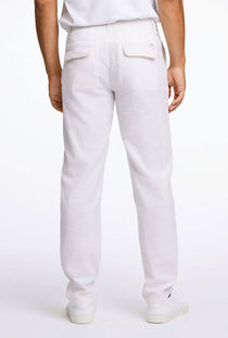 Back image of a model wearing the Relaxed fit linen trousers in white, by brand Lindbergh