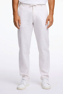 Front image of a model wearing the Relaxed fit linen trousers in white, by brand Lindbergh