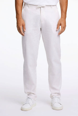 Front image of a model wearing the Relaxed fit linen trousers in white, by brand Lindbergh