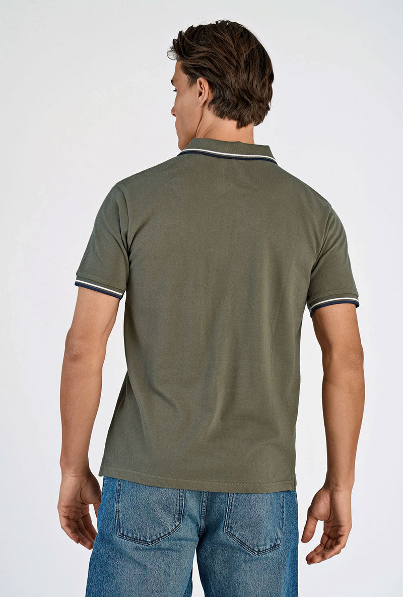 Back image of a model wearing S/s contrast polo in khaki, by brand Lindbergh