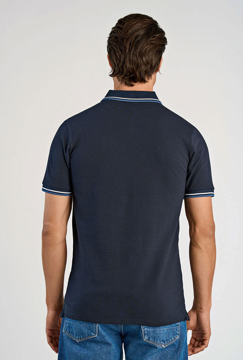 Back image of a model wearing S/s contrast polo in navy, by brand Lindbergh