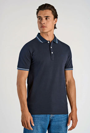 Front image of a model wearing S/s contrast polo in navy, by brand Lindbergh